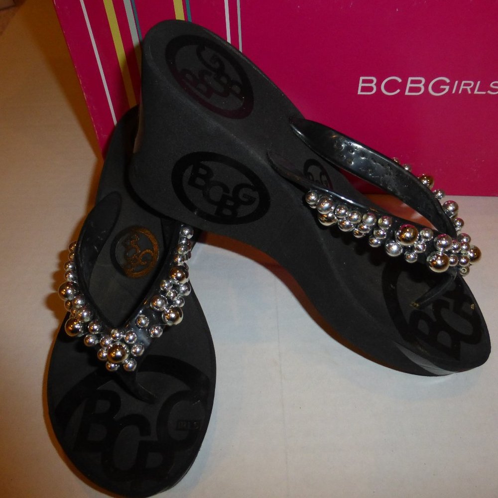 BCBG  Black  Jewel Beads Platform Wedge Sandals 6